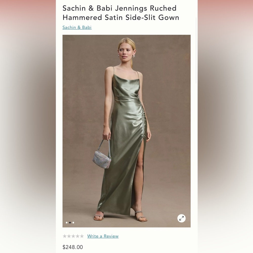 BHLDN NWT Sachin & Babi Jennings Ruched Hammered Satin Side-Slit Gown, size 2